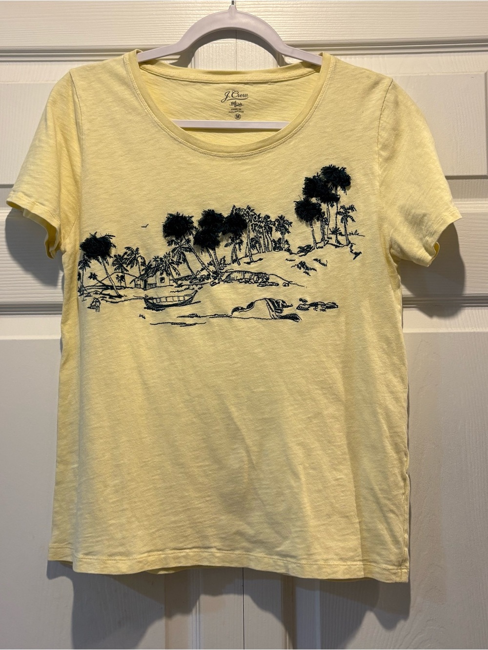 J. Crew Butter Yellow Tee Palm Shoreline Graphic Beach Coastal Casual Cotton M